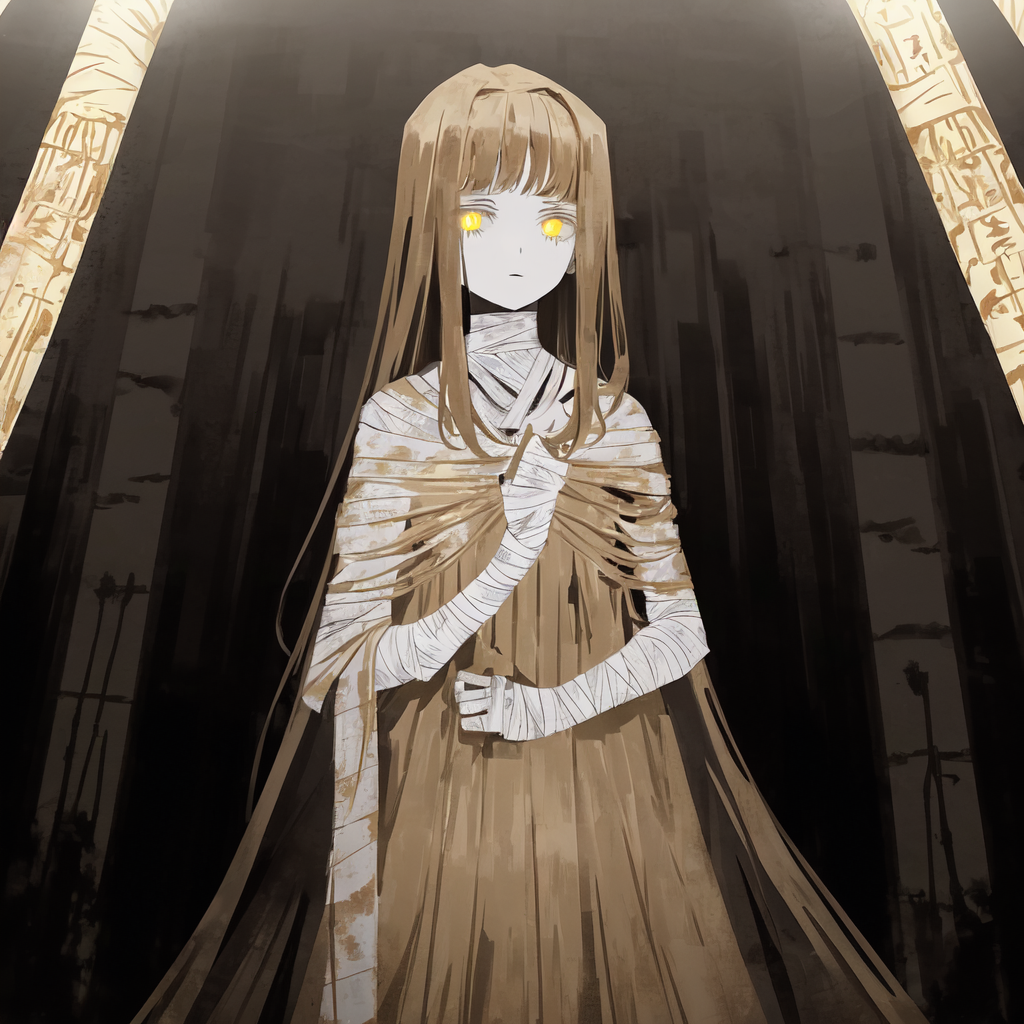 00077-3479874715-_lora_lib_0.5_,(flat color_1.4),1girl, solo focus, mummy, mummy custom, her hair in wrapped and concealed under bandages, only a.png